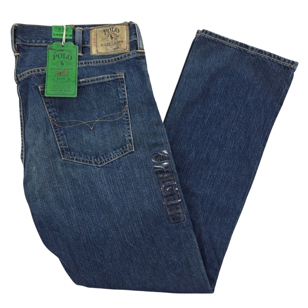 Polo Ralph Lauren 018 Slim Straight Jeans Mens 38x32 Blue Cotton Authentic Denim